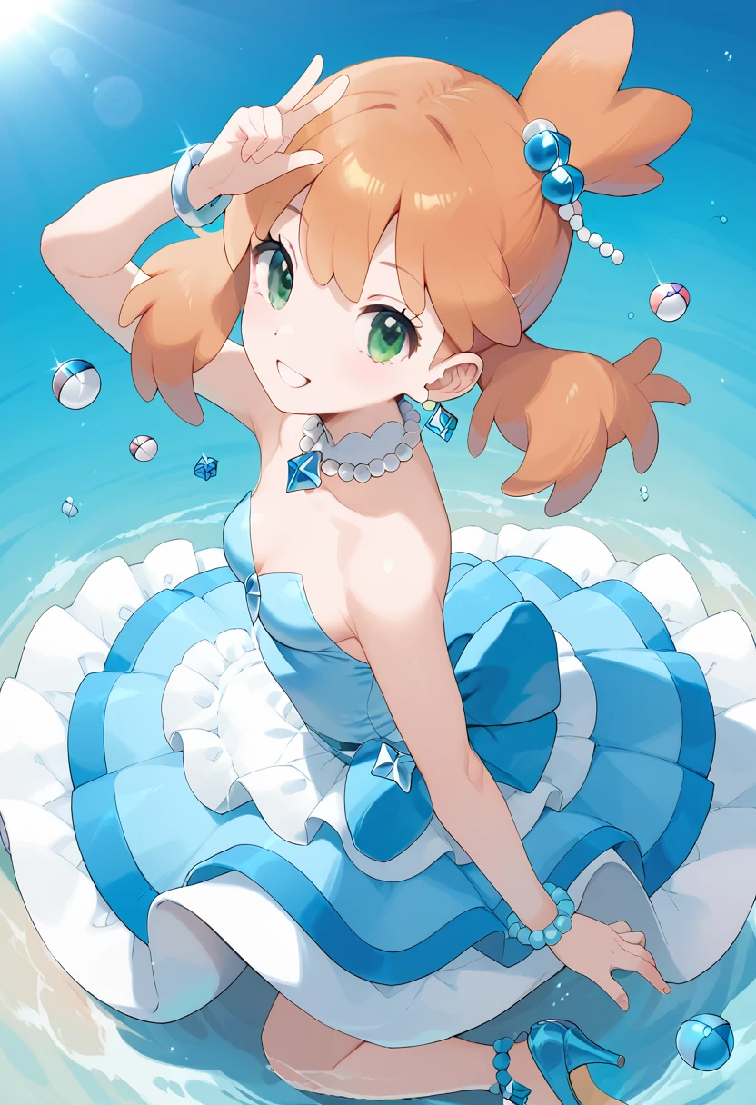 (Misty_Pokemon)
(Berry Short,Orange Hair,one side up hair,Big green eyes,Small breasts,Skinny) Ball Gown: This is a dress exclusive to Pokémon Contests, introduced in the sixth generation of the video games. It is a Japanese idol dress with pastel and bright blue colors, decorated with various ornaments such as pearls, diamonds or starfish. It is a beautiful dress that represents the sea.. It includes a bow,  high heels, and a golden bracelet to Mega Evolve .Dress in blue tones, beautiful shiny dress, 