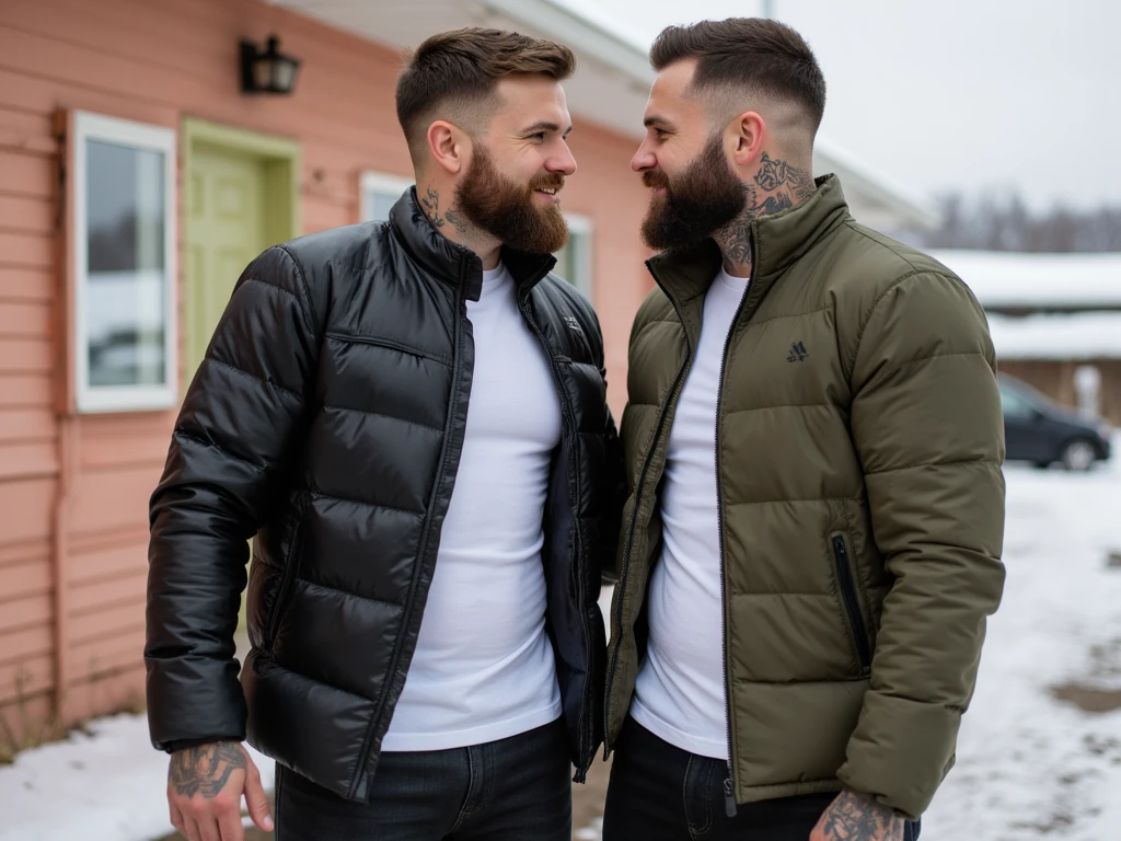 ATTENTION: (((*TWO MALES HANDSOME MAN TOGETHER*))) IN HIGH REALISTIC RAW IMAGE. Man A 41, exceptionally handsome man with light-colored eyes and short, thinning hair. He is (((dressed a pants, formal shoes, and an open, *extremely shiny black leather puffer jacket* that reveals his hairy chest and slightly prominent belly))). He is (((positioned on all fours))), with his head slightly raised as his necktie is being pulled by the domineering handsome man B. His is (((expressing deep humiliation and forced submission by the bad Man B, 32))), man with short hair, light skin, and a robust natural and hairy chest with a slightly prominent belly. He is (((wearing sports pants and sneakers, with no shirt, exposing his upper body))). Standing next to humiliating Man A, he grips the colar animal with a smug, dominant expression, (((pulling it to lift Man A’s head toward the camera))).
ATTENTION: extremely ultra mega high ACCURATE IMAGE. High resolution, Best quality, High details, HD model, Anatomically correct, Accurate. ATTENTION: (((*TWO MALES HANDSOME MAN TOGETHER*))). Man B is treating Man A like an animal with violence.