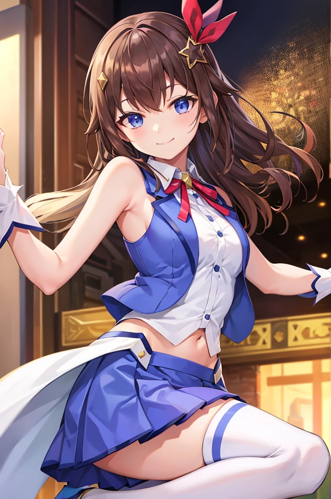 smile、masterpiece,  best quality,  high definition , ts1,  white shirt, Blue vest,  sleeveless, blue thigh high socks,  blue skirt , West Cape,  Wrist Cuffs , Leg ribbon,  neck ribbon , abdomen, breast, Squat, Submitted