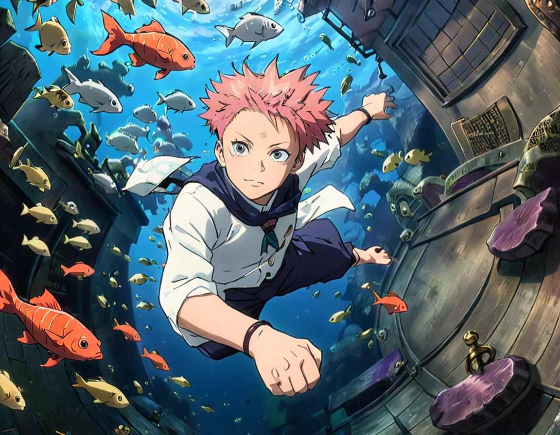  Animation Art Movie Photo ,
jk3 , Jujutsu Kaisen,  1 boy who's still going, jumping, from below ,
((( Dutch angle, Eye Fish Camera ))) . Anime Style,  key visual ,  lively,  Studio Anime ,   very detailed、 A beautiful and cute mermaid is swimming mixed with fish