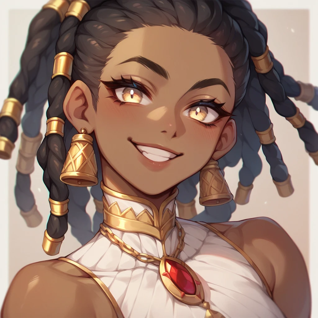 (masterpiece, best quality:1.3), perfect anatomy, (dark-skinned_female:1.3)  <lora:Kinomi Ebony Anime:1>, (full shot from above eye contact:1.3), solo 1girl 20 year old women, fancy detailed beautiful stone church, wearing knights crusader armor no helmet, kneeling, (praying:1), large silhouette of cross over body, head tilted up, (cross necklace), Catholic décor, (smile showing teeth lush lips lip-gloss), detailed beautiful face, beautiful amethyst eyes, chin-length white dreadlocks updo, chiaroscuro, volumetric lighting, volumetric shading, high resolution, extreme detail