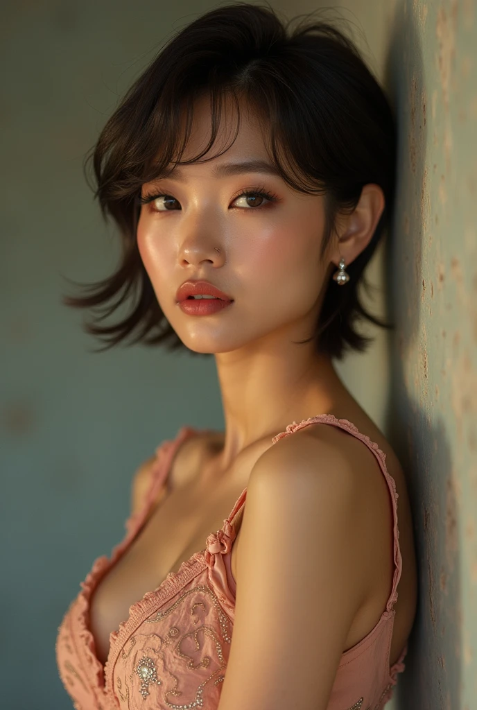 cleavage, hijabi, Absurd, ultra-detail, high quality, masterpiece, detailed face, beautiful eyes(detailed eyes), javanese girl, Red lips, pink short dress, exposed thighs, white pants, shot from below, wind from below ,sky , Stand up and lean against the wall