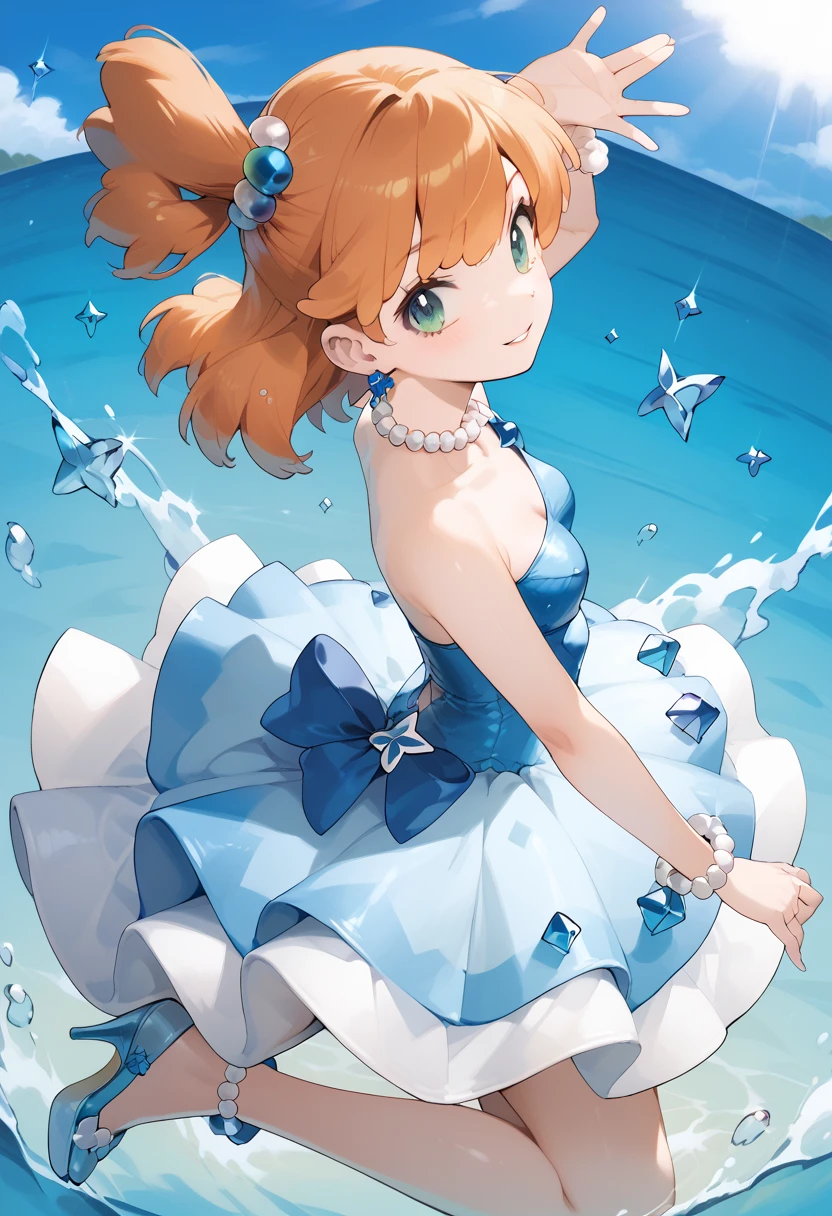 (Misty_Pokemon)
(Berry Short,Orange Hair,one side up hair,Big green eyes,Small breasts,Skinny) Ball Gown: This is a dress exclusive to Pokémon Contests, introduced in the sixth generation of the video games. It is a Japanese idol dress with pastel and bright blue colors, decorated with various ornaments such as pearls, diamonds or starfish. It is a beautiful dress that represents the sea.. It includes a bow,  high heels, and a golden bracelet to Mega Evolve .Dress in blue tones, beautiful shiny dress, 