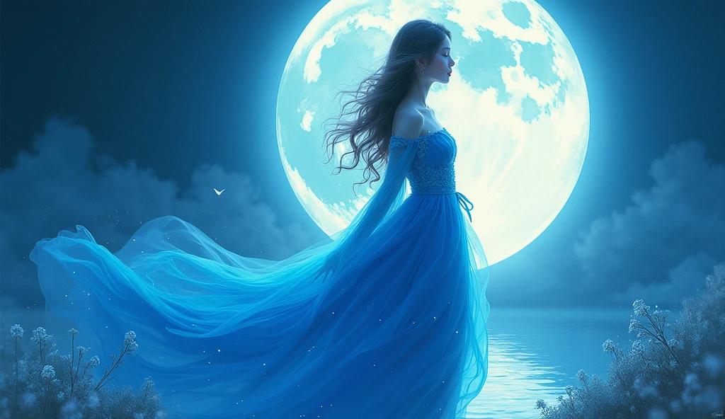  A painting of a woman in a blue dress and full moon,  Extremely high quality artwork , Fine Art UHD 4K ,  received by Cyril Rolando  (Cyril Rolando) Inspiration,  a beautiful art illustration , High Quality Gloss Art , 8K high-definition detailed picture,  High Quality Digital Art ,  colorful flat surreal ethereal ,  fantastic digital painting,  canvas art print ,  Cyril Rolando Style 