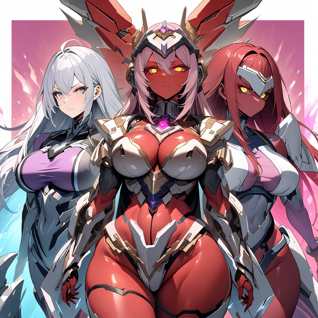 Anime, high detailed, multiple womans, mature womans, mecha armor, large mechanical wings, serious, large clawed Gauntlet, red skin, curvy body, long mechanical tail,pink sclera、Colored sclera、crimson Colored skin、Yellow Eyes, elongated pupils,  Mature Woman、rosy-purple aura、womans surrounding, background a frozen-solid city