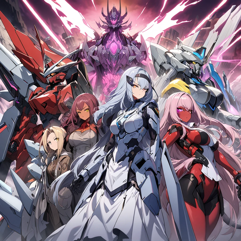 Anime, high detailed, multiple womans, mature womans, mecha armor, large mechanical wings, serious, large clawed Gauntlet, red skin, curvy body, long mechanical tail,pink sclera、Colored sclera、crimson Colored skin、Yellow Eyes, elongated pupils,  Mature Woman、rosy-purple aura、womans surrounding, background a frozen-solid city