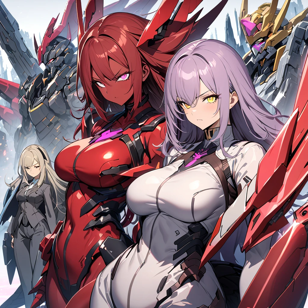 Anime, high detailed, multiple womans, mature womans, mecha armor, large mechanical wings, serious, large clawed Gauntlet, red skin, curvy body, long mechanical tail,pink sclera、Colored sclera、crimson Colored skin、Yellow Eyes, elongated pupils,  Mature Woman、rosy-purple aura、womans surrounding, background a frozen-solid city