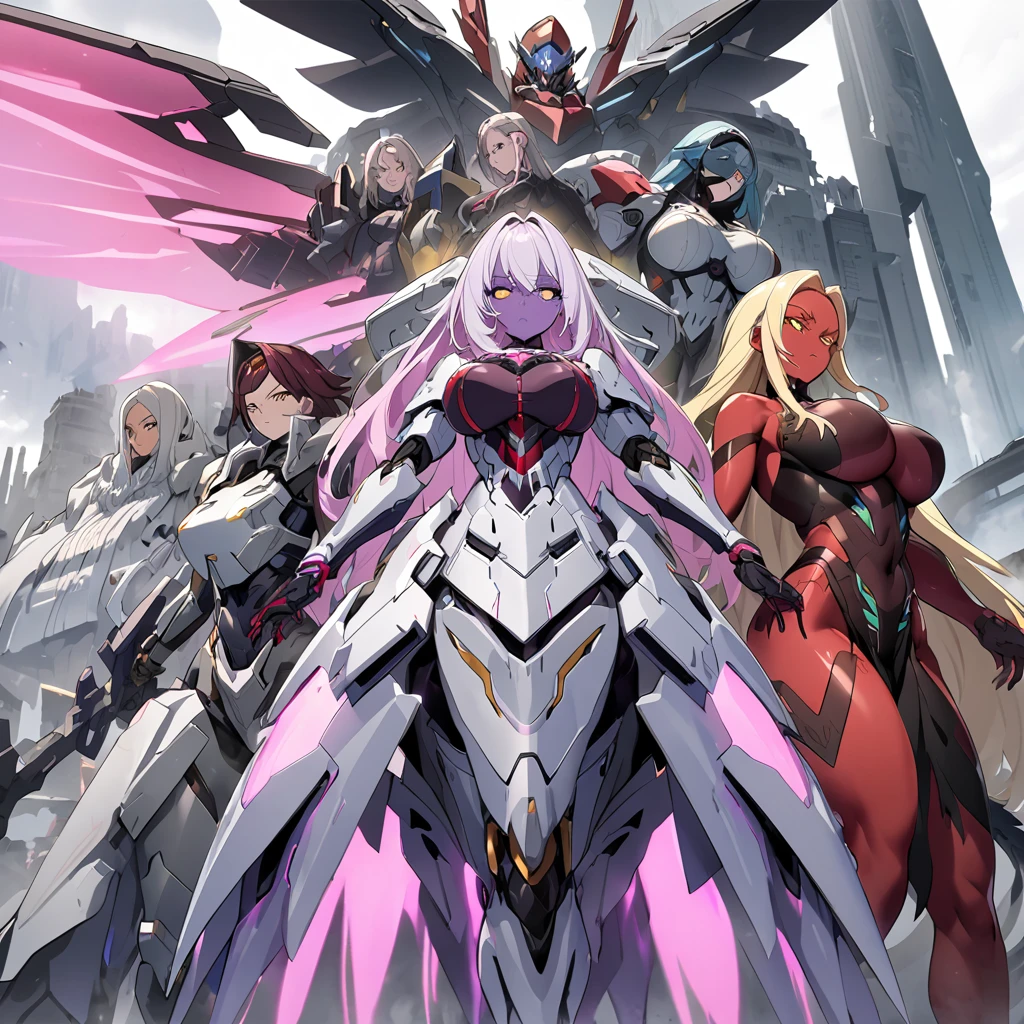 Anime, high detailed, multiple womans, mature womans, mecha armor, large mechanical wings, serious, large clawed Gauntlet, red skin, curvy body, long mechanical tail,pink sclera、Colored sclera、crimson Colored skin、Yellow Eyes, elongated pupils,  Mature Woman、rosy-purple aura、womans surrounding, background a frozen-solid city