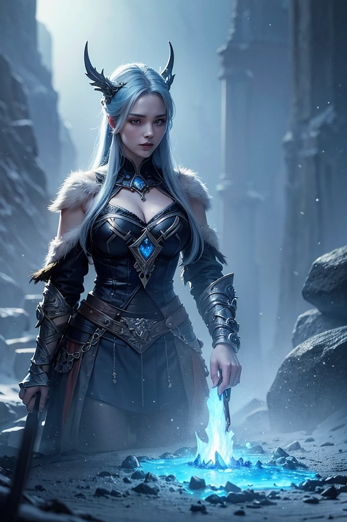 A full body shot of a human girl with furry ear muffs for winter and a snow covered forest, finely detaild light bright blue eyes, whit bulky wavy super long hair, epic fantasy art style hd, fantasy art style, hyperrealistic fantasy art, epic fantasy art style, fairy girl, wide shot of very beautiful fairy, trending digital fantasy art, digital fantasy art ), realistic and detailistic fantasy artwork, beautiful fantasy art portrait, fantasy art portrait, detailed fantasy digital art, beautiful fantasy portrait, wide backround, full shot of girl
