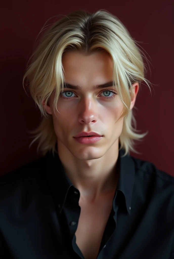 Handsome young realistic man with light blue , blonde dressed in black on a dark wine background with medium length hair split in half