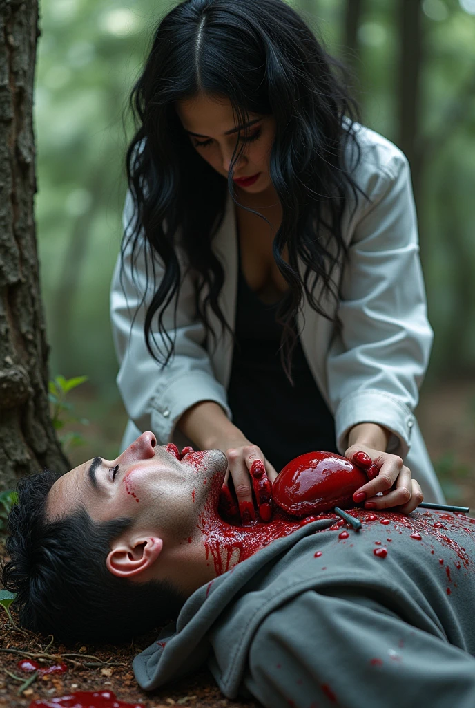 a Malay man Criminal cutting a malay woman death body Head with smiling. background of tropical forest
