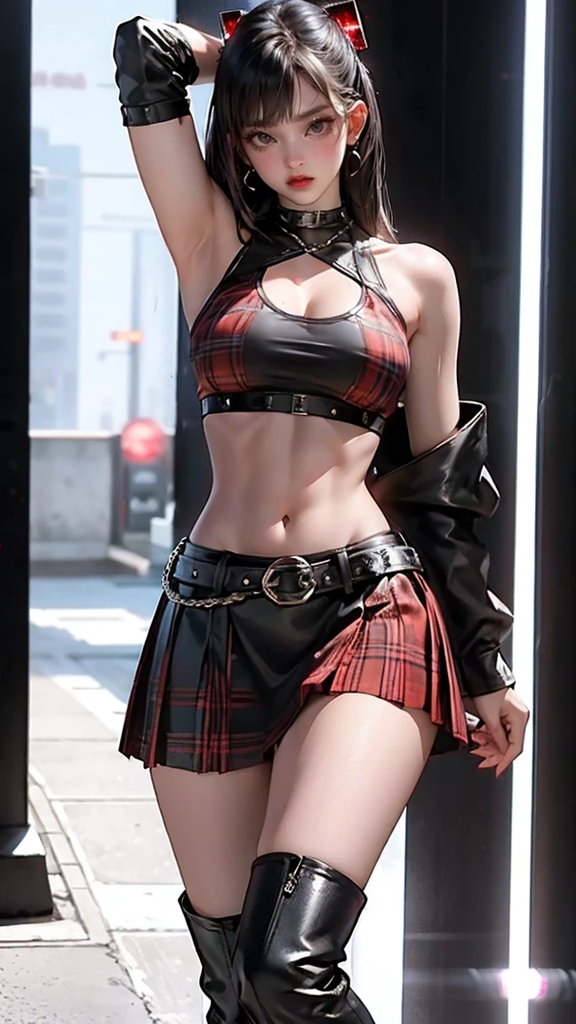 (8K, Masterpiece, RAW photo, Best quality, detail:1.2), (ultra realistic:1.4, scenary, 8K), Depth of field, Cinematic light, Lens flare, Ray tracing, (intricate detail face), 1girl, Beautiful and elegant Russian girl, (Very slim and slender body:1.3), (tight red miniskirt:1.3), ultra skinny girl with glasses, (European face:1.2), (tight black mini top:1.4), (tight mini jacket:1.4), (natural abs exposed) (black stockings)
