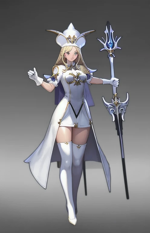 concept art, standing figure painting, 1girl, solo, gloves, full body, breasts, blonde, holding, staff, bar arm, magic wand, white gloves, thighs, dress, hat, standing, gradient background, gradient, looking at the audience, clothing cutout, white footwear, single thigh height, boots, cutout, long hair, gray background