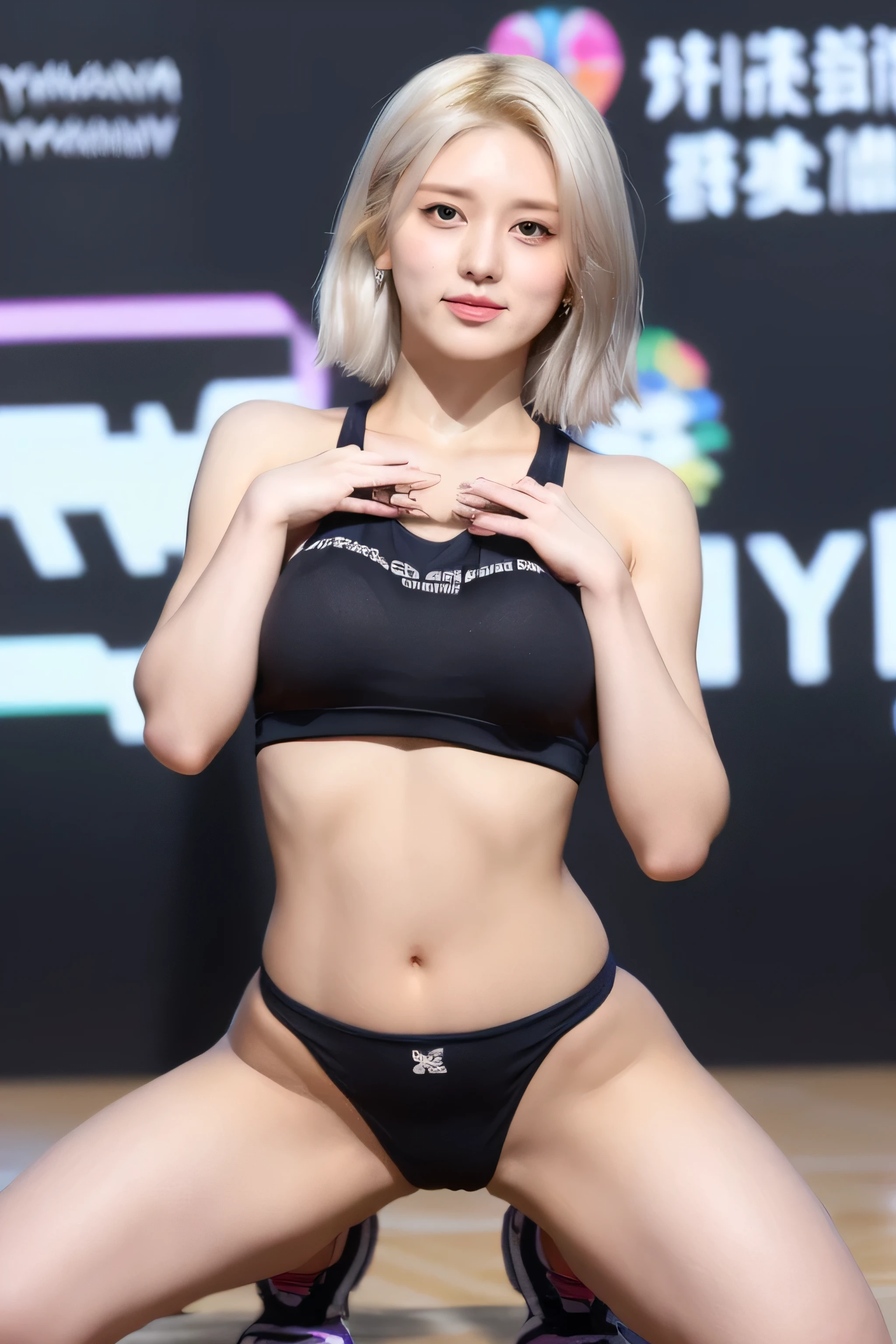 gym clothes, dancing on the stage, full body, bob cut, silver hair, sexy pose, (bend her knees and putting hands on her knees, open her legs dynamicly, show the pussy at audience:1.4), in heat