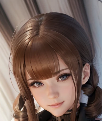  There is a woman with long hair who wears a suit and tie , secretaria hiperrealistic, secretaria hiperrealistic, Realistic young anime girl  ,  anime-style realism  , estilo de arte anime realistic , estilo de arte de anime realistic , Estilo anime 3D realistic, portrait of an anime girl,  artwork in the style of Guweiz  , Detailed portrait of an anime girl,  incredible anime face portrait  . model, of Eastern European origin  (beautiful,elegant,sexy) and Germany (beautiful,sexy,linda) ,  Just looking at the viewer  , (realistic:1.4), (:1.0),  slightly pink eyes (Perfect),  Round pupils  (perfecta), eyelashes(perfecta),eyebrows(perfecta),form (perfecta),form(better light),square and wide face,  big eyes,(beautiful,sensual), shirt,  sleeveless jacket and gray color , black tie, (  brown hair color  ),Short bangs(perfecta), three locks of hair (Ahoge)  above her bangs, Braid, (  cute crossover pigtails  :1.2), Cut hime cut , ( diaper hair clip),(hairpin on your bangs), (smile, sensual), (while looking at you),(Detailed, ultra-Detailed, high Detailed, ultra realistic 8k CG,  perfect artwork, lyrical), wooden table, flores, information, no profit 