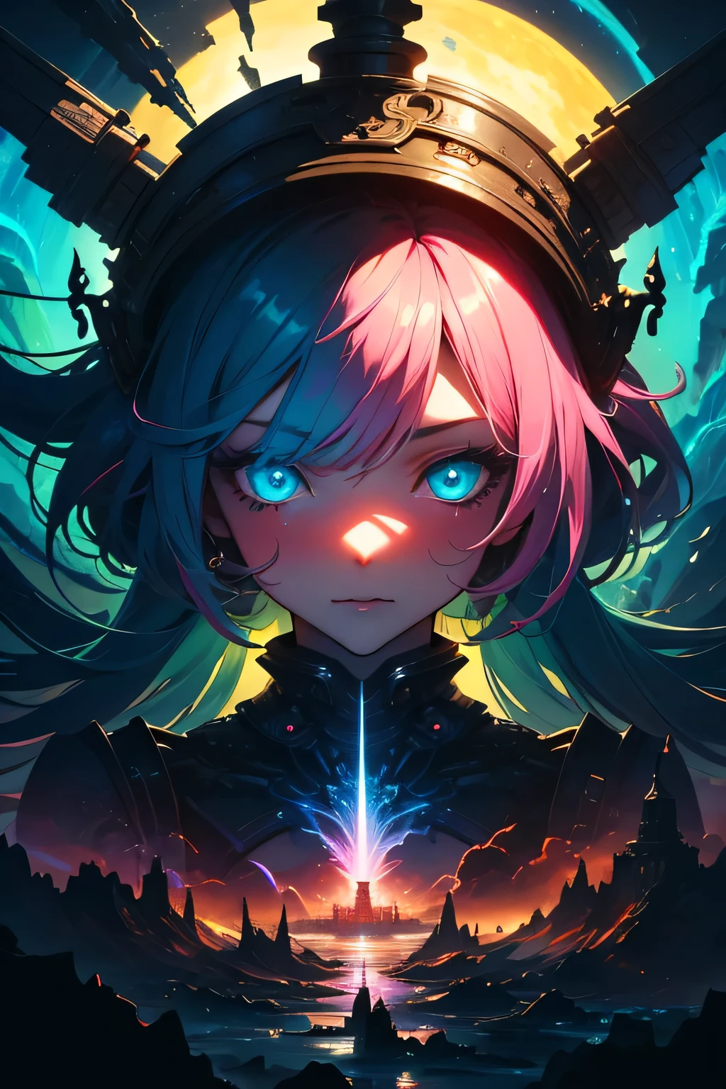 big breasts, cleavage, looking at viewer, arms behind back, ulzzang, portrait, sexy, submissive, ((seductive)), ((heavy blushing)), shy, tease, Sharp focus, ((shiny skin)), ((naughty girl)), surreal landscape,abstract,colorful,fluffy,nightmare,distorted shapes,pastel colors,dreamlike,molten textures,swirling patterns,inconsistent perspective,unnatural proportions,detailed,unsettling,high contrast,ethereal atmosphere,vibrant hues,uncanny,dreamscape,nightmare scene,surrealistic,unrestrained imagination,incoherent thoughts,bizarre scenarios,distorted emotions,intense,hallucination,transformative,unpredictable,whimsical,episodic,a painting of a pagoda in the evening,in the style of graphic design-inspired illustrations,circular shapes,detailed botanical illustrations,light cyan and orange,mythological influences,chinapunk,high quality,super detailed,super exquisite,paper-cut art,architecture,masterpiece,perfect face of a cyberpunk mecha japanese girl, pink hair, cyan eyes