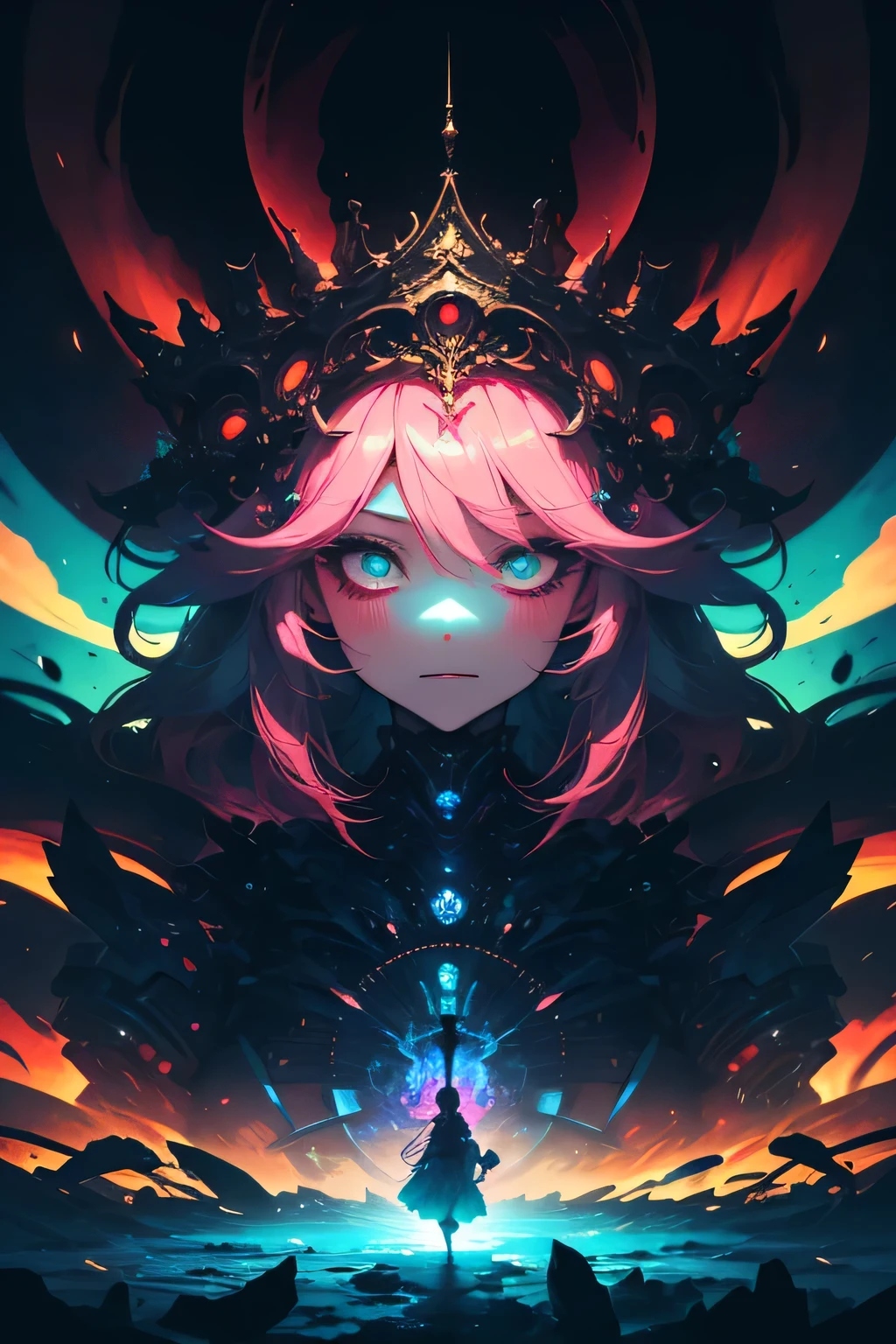 big breasts, cleavage, looking at viewer, arms behind back, ulzzang, portrait, sexy, submissive, ((seductive)), ((heavy blushing)), shy, tease, Sharp focus, ((shiny skin)), ((naughty girl)), surreal landscape,abstract,colorful,fluffy,nightmare,distorted shapes,pastel colors,dreamlike,molten textures,swirling patterns,inconsistent perspective,unnatural proportions,detailed,unsettling,high contrast,ethereal atmosphere,vibrant hues,uncanny,dreamscape,nightmare scene,surrealistic,unrestrained imagination,incoherent thoughts,bizarre scenarios,distorted emotions,intense,hallucination,transformative,unpredictable,whimsical,episodic,a painting of a pagoda in the evening,in the style of graphic design-inspired illustrations,circular shapes,detailed botanical illustrations,light cyan and orange,mythological influences,chinapunk,high quality,super detailed,super exquisite,paper-cut art,architecture,masterpiece,perfect face of a cyberpunk mecha japanese girl, pink hair, cyan eyes