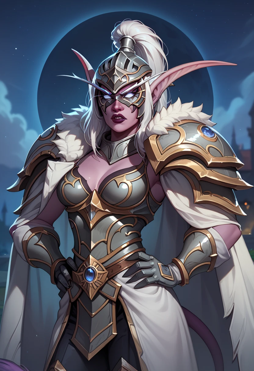 Ultra quality, 1girl, Maievxl, night elf, white eyes, white cloak, helmet, mask, fur trim, white hair, tail, upper body, shoulder armor, gloves, armor, confident pose, hands on hips, angry, looking at onlooker, darkmoon in background, eclipse, starfall.