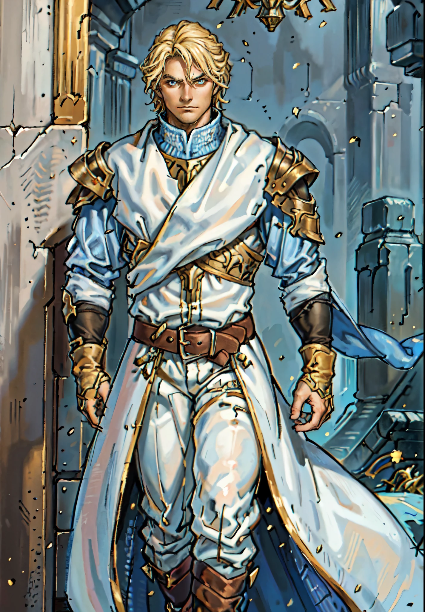 (masterpiece:1.2, best quality:1.2, extremely delicate:1.2), ((male:1.5)), a middle-aged man with short tousled golden hair, deep-set eyes, sharply defined features, serious expression, luxurious yellow-and-white fantasy-style composite silk satin top, silk ribbon cape around the upper body, small metallic shoulder pads, fabric gloves, a belt adorned with metallic gear decorations, dark hem, white fabric trousers, strolling in a medieval fantasy-style city, this character embodies a finely crafted fantasy-style nobleman in anime style, exquisite and mature manga art style, dramatic, high definition, highres, ultra-detailed, ultra-fine painting, professional, perfect body proportions, golden ratio, anatomically correct, symmetrical face, extremely detailed eyes and face, high quality eyes, creativity, RAW photo, UHD, 32k, Natural light, cinematic lighting, (masterpiece-anatomy-perfect:1.2)