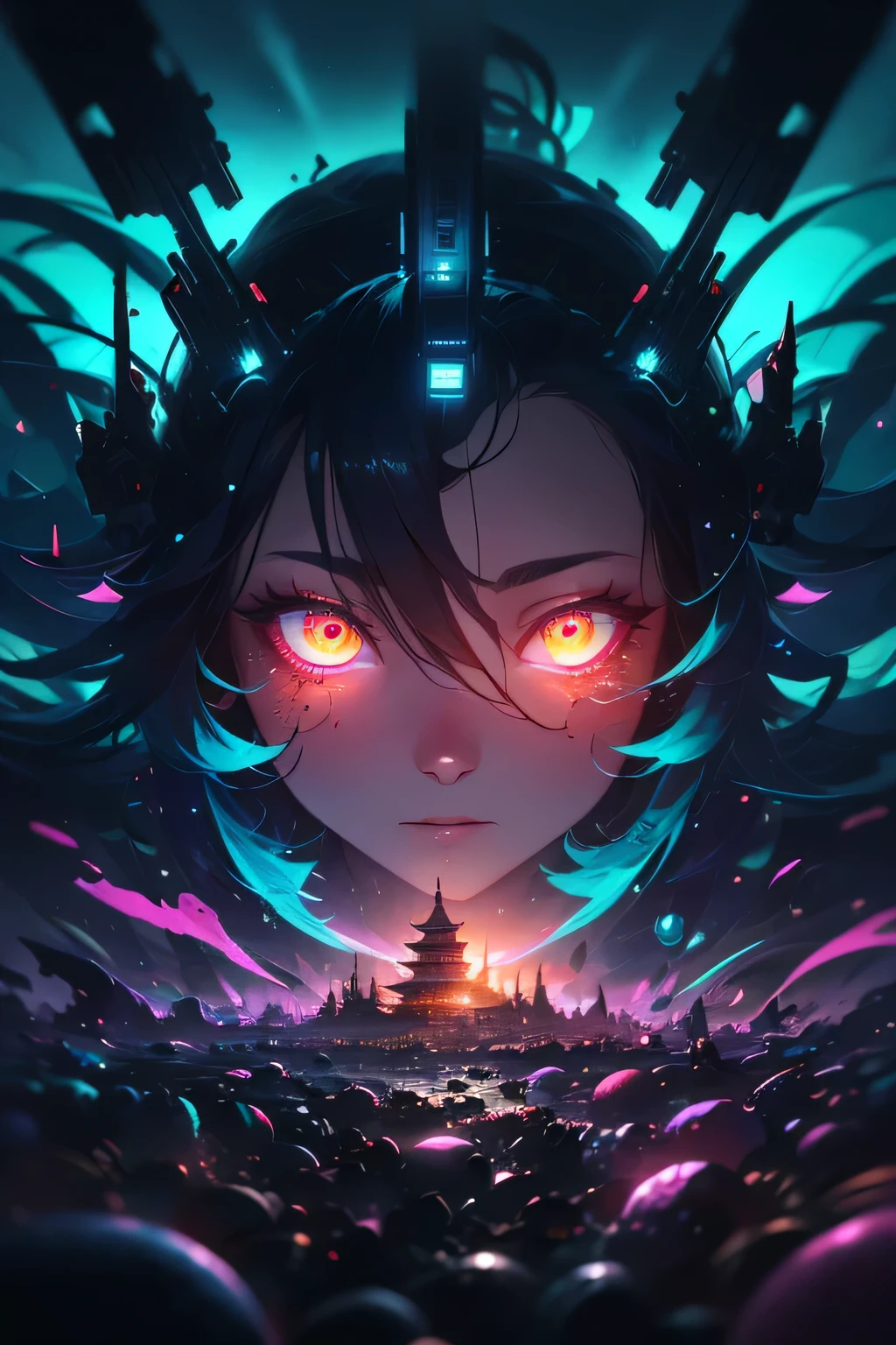 big breasts, cleavage, looking at viewer, arms behind back, ulzzang, portrait, sexy, submissive, ((seductive)), ((heavy blushing)), shy, tease, Sharp focus, ((shiny skin)), ((naughty girl)), surreal landscape,abstract,colorful,fluffy,nightmare,distorted shapes,pastel colors,dreamlike,molten textures,swirling patterns,inconsistent perspective,unnatural proportions,detailed,unsettling,high contrast,ethereal atmosphere,vibrant hues,uncanny,dreamscape,nightmare scene,surrealistic,unrestrained imagination,incoherent thoughts,bizarre scenarios,distorted emotions,intense,hallucination,transformative,unpredictable,whimsical,episodic,a painting of a pagoda in the evening,in the style of graphic design-inspired illustrations,circular shapes,detailed botanical illustrations,light cyan and orange,mythological influences,chinapunk,high quality,super detailed,super exquisite,paper-cut art,architecture,masterpiece,perfect face of a cyberpunk mecha japanese girl, pink hair, cyan eyes