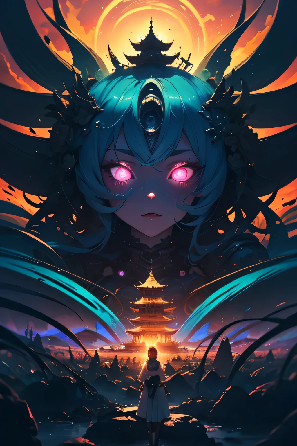 big breasts, cleavage, looking at viewer, arms behind back, ulzzang, portrait, sexy, submissive, ((seductive)), ((heavy blushing)), shy, tease, Sharp focus, ((shiny skin)), ((naughty girl)), surreal landscape,abstract,colorful,fluffy,nightmare,distorted shapes,pastel colors,dreamlike,molten textures,swirling patterns,inconsistent perspective,unnatural proportions,detailed,unsettling,high contrast,ethereal atmosphere,vibrant hues,uncanny,dreamscape,nightmare scene,surrealistic,unrestrained imagination,incoherent thoughts,bizarre scenarios,distorted emotions,intense,hallucination,transformative,unpredictable,whimsical,episodic,a painting of a pagoda in the evening,in the style of graphic design-inspired illustrations,circular shapes,detailed botanical illustrations,light cyan and orange,mythological influences,chinapunk,high quality,super detailed,super exquisite,paper-cut art,architecture,masterpiece,perfect face of a cyberpunk mecha japanese girl, pink hair, cyan eyes