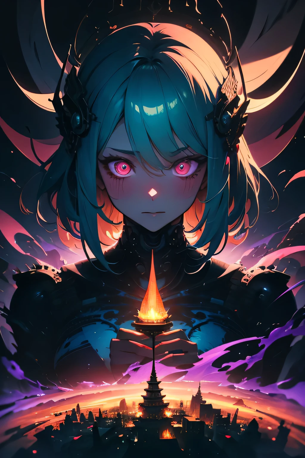 big breasts, cleavage, looking at viewer, arms behind back, ulzzang, portrait, sexy, submissive, ((seductive)), ((heavy blushing)), shy, tease, Sharp focus, ((shiny skin)), ((naughty girl)), surreal landscape,abstract,colorful,fluffy,nightmare,distorted shapes,pastel colors,dreamlike,molten textures,swirling patterns,inconsistent perspective,unnatural proportions,detailed,unsettling,high contrast,ethereal atmosphere,vibrant hues,uncanny,dreamscape,nightmare scene,surrealistic,unrestrained imagination,incoherent thoughts,bizarre scenarios,distorted emotions,intense,hallucination,transformative,unpredictable,whimsical,episodic,a painting of a pagoda in the evening,in the style of graphic design-inspired illustrations,circular shapes,detailed botanical illustrations,light cyan and orange,mythological influences,chinapunk,high quality,super detailed,super exquisite,paper-cut art,architecture,masterpiece,perfect face of a cyberpunk mecha japanese girl, pink hair, cyan eyes