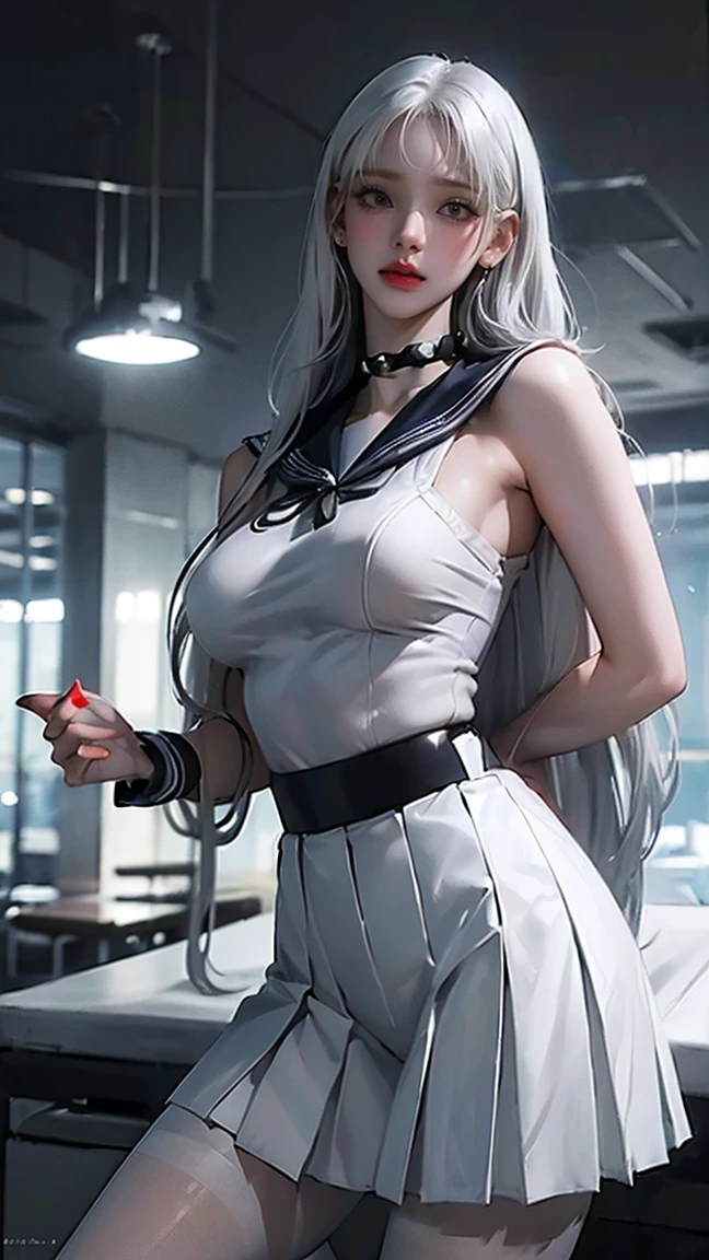(Sailor collar uniform),shirt, Pleated skirt,(Black Pantyhose),[:(Detailed face:1.2):0.2], RAW Photos, (masterpiece), (Highest quality), High resolution, (Realistic, photo-Realistic:1.2), Super detailed, Physically Based Rendering, One person, Air Van, Long Hair, (Silver Hair), Wavy Hair,Large Breasts,(NSFW),Erect nipples