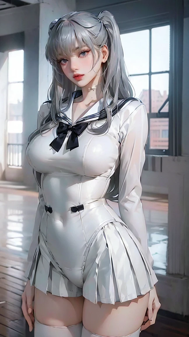 (( white sailor suit)),(Sailor collar uniform),  shirt,  Pleated Skirts,(  black pantyhose ),[:(  detailed face  :1.2):0.2],  RAW Photos, (masterpiece), (  best quality),  high definition  , (Real is tic, photo-Real is tic:1.2),  super detailed,  Physically Based Rendering ,  one girl  , (  silver hair), I wear wavy hair, Big Breasts