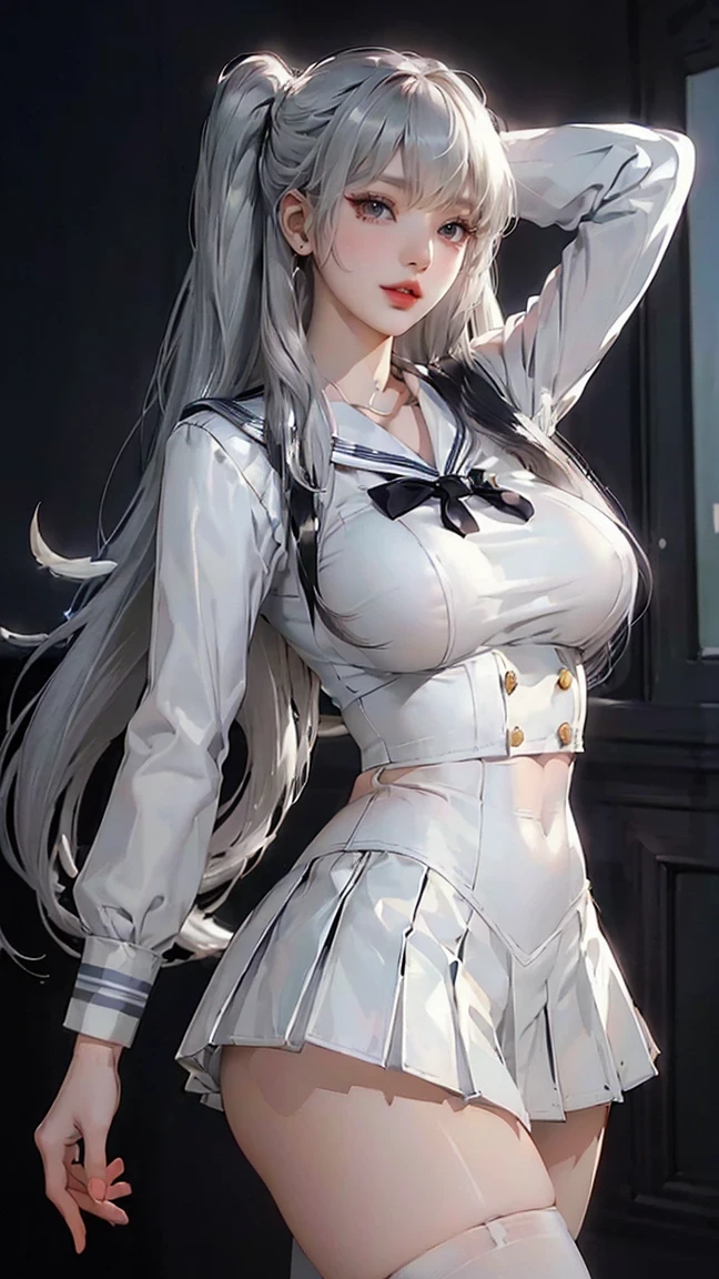 (( white sailor suit)),(Sailor collar uniform),  shirt,  Pleated Skirts,(  black pantyhose ),[:(  detailed face  :1.2):0.2],  RAW Photos, (masterpiece), (  best quality),  high definition  , (Real is tic, photo-Real is tic:1.2),  super detailed,  Physically Based Rendering ,  one girl  , (  silver hair), I wear wavy hair, Big Breasts