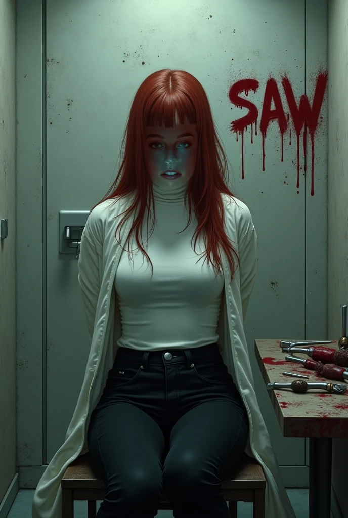 VtmArt, painting of girl with red hair wearing a striped sweater with big grin posing in a dark room, pool of blood on floor, <lora:VtmArt:1>, at night, cinematic lighting, (masterpiece:1.3), black floor