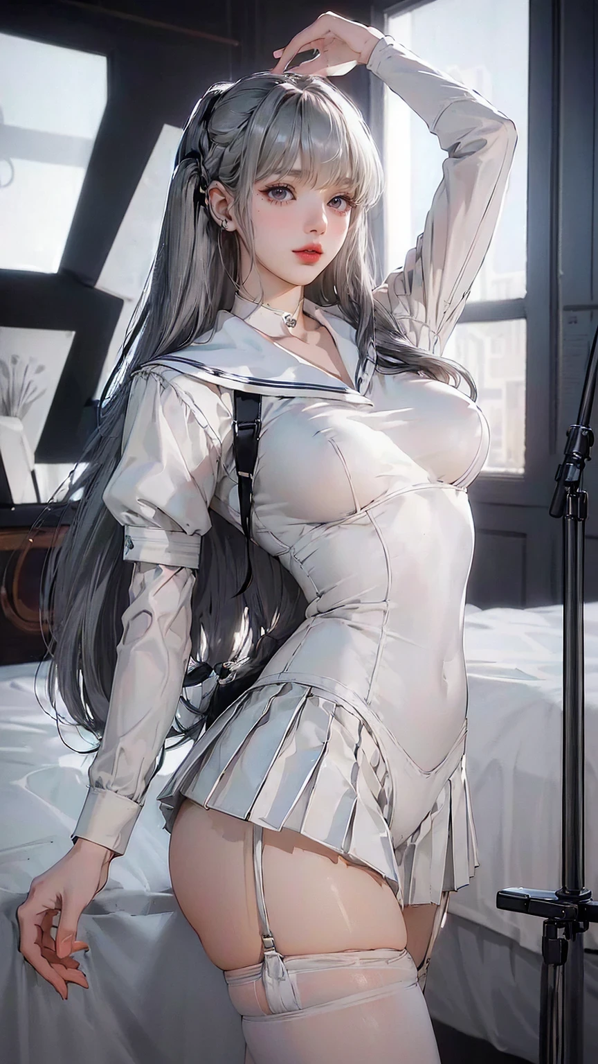 (( white sailor suit)),(Sailor collar uniform),  shirt,  Pleated Skirts,(  black pantyhose ),[:(  detailed face  :1.2):0.2],  RAW Photos, (masterpiece), (  best quality),  high definition  , (Real is tic, photo-Real is tic:1.2),  super detailed,  Physically Based Rendering ,  one girl  , (  silver hair), I wear wavy hair, Big Breasts