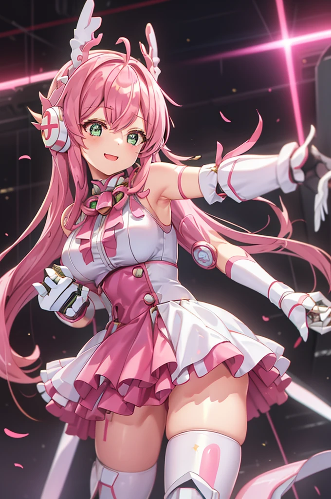  and smiles 、mecha wing、Thighs、tights、chest、 shiny pink hair 、 1 girl、 solo girl 、 headphones、idol dress、idol skirt、mecha girl、I have a white armor 、 pink miniskirt、 has a handgun,hand gun