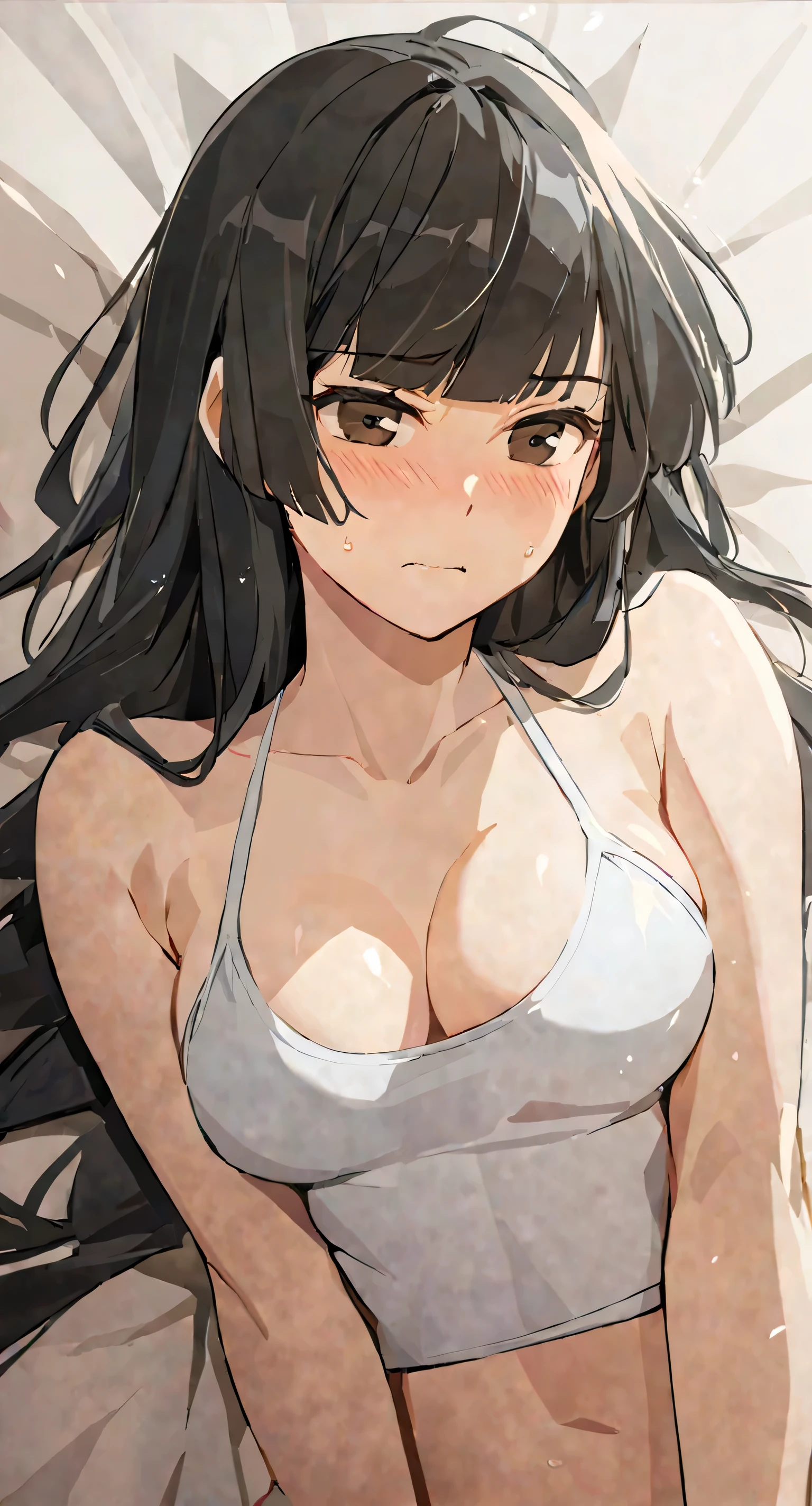 masterpiece,best quality, solo, eda, bangs, black hair, upper body,shy expression, medium breast, hot, thicc, swimsuit, she is shy, embarrassed , she is embarrassed, dynamic pose, close shot, upper body, dynamic pose, trying hard, serious face, chest focus, she is on the bed, she is lying on the bed next to you, she is cheking her chest