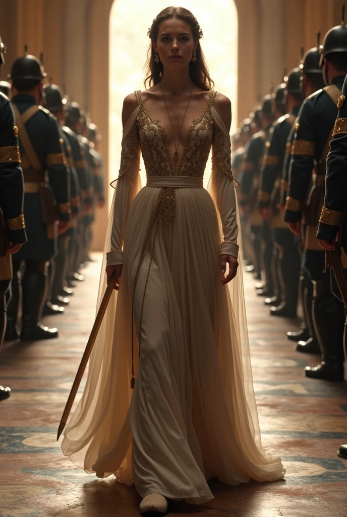 A mesmerizing nude woman, adorned in a garter belt and stockings, emanates a mystical aura as she confidently approaches stunned soldiers at a defense post. The soldiers gaze at her with a mixture of fear and awe, captivated by the ((rays of light casting from her hands)). ((Bathed in a magical, ethereal light)), she embodies a goddess-like presence in this cinematic, epic realism scene captured in astonishing 8K resolution with highly intricate details.