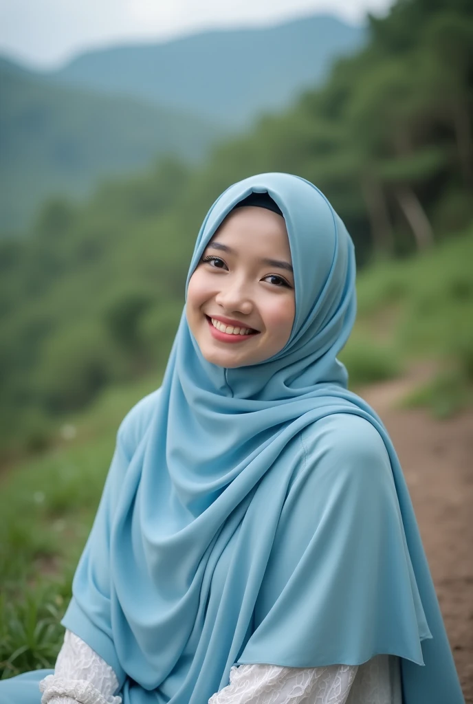 A young Indonesian woman wearing a Red hijab and a blue, Reed, green ,withe sweater, posing with a cheerful and relaxed expression by the riverside. She is standing next to a gently flowing river, Big Boobs size 38 surrounded by lush greenery and tall trees. The scene conveys a peaceful and natural atmosphere, capturing a moment of contentment and tranquility. Her pose is slightly dynamic, with one hand resting on her hip and the other lightly touching her hijab, adding a sense of casual elegance to the scene. 8K HD, Real Photografy 