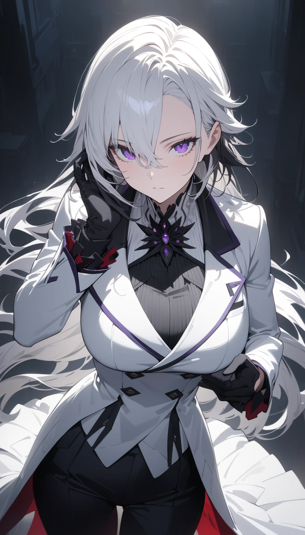 1 girl, alone,Beautiful body,glowing red eyes, beautiful woman, big deal, skeletal, white hair, ((hair covering eyes)), long shaggy black fur,The bottom light purple, Wearing a white fur coat and a light purple fur cloak, (((hair covering eyes))), graveyard in background:1.3