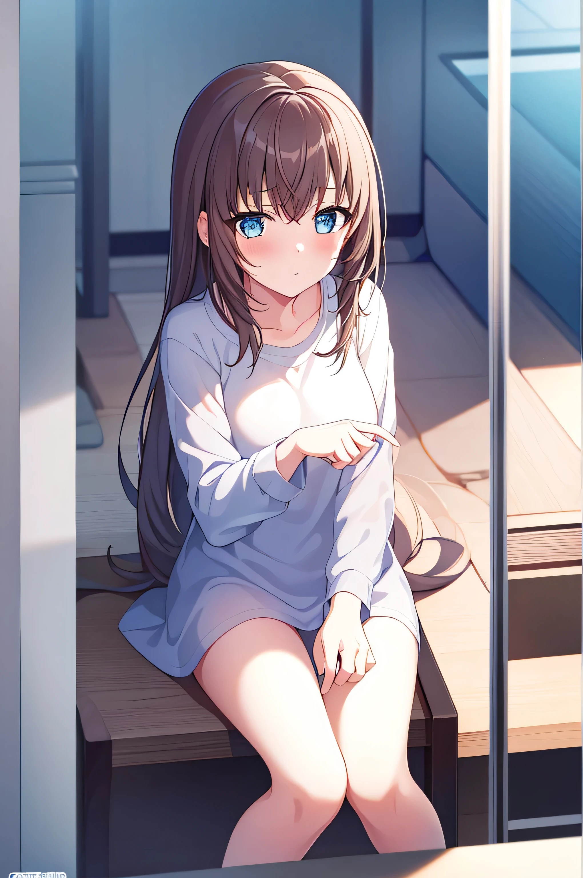  1 girl at home, nakaNo._future, ,  alone, Scantily clad, ,  blue_ have eyes , brown_hair, Long_hair, hair_between_ have eyes , White_, _clothing, White_ Background and  , Watching_Shown in_ Use the following method to view viewerackground, shirt, sit, Deactivate_, Umbilical cord, No._OK, _shirt,  use the following method to view viewerackground through bangs , Long_sleeve, Large target_, medium_, Cardigan shirt , Blushing,