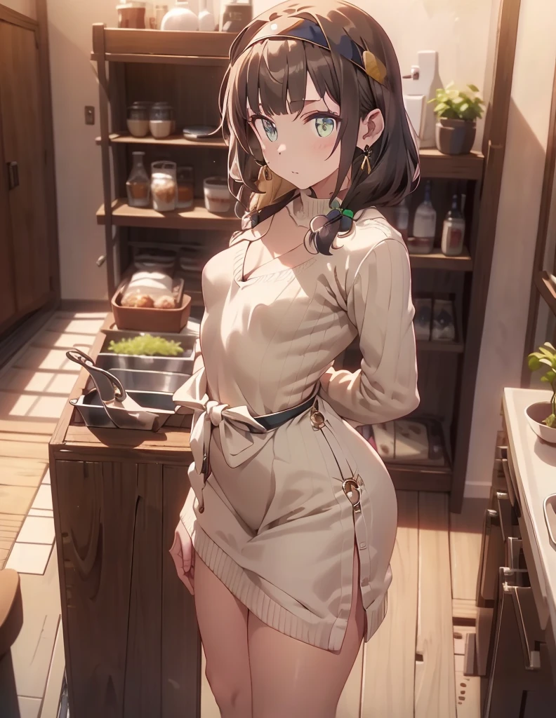 (small breasts:1.3), (perky chest:1.1), (pointed chest:1.0), (Carbonara Pasta magazine cover:1.3)，(from below:1.0),(from side:0.9),masterpiece, 1girl, Amazing Cleavage:1.1, thin waist, big ass, Raised sexy, small breast: 1.3, posed cleavage:1.2、solo, looking at viewer, open mouth, have a cute grass of cute beergrass,black hair, dark green eyes, dress, bare shoulders, jewelry, collarbone, sidelocks, hairband, earrings, indoors, off shoulder, :o, sweater, arms behind back, plant, short hair with long locks, gild hairband, off-shoulder dress, sweater dress, off-shoulder sweater, red sweater, dark gord hair, big side hair, very long side hair,is rendered in (masterpiece: 1.2, best quality), with (ultra high resolution) and an exquisite (depth of field). This masterpiece is not only visually stunning but also tells,A scene of cooking in the kitchen by classroom
