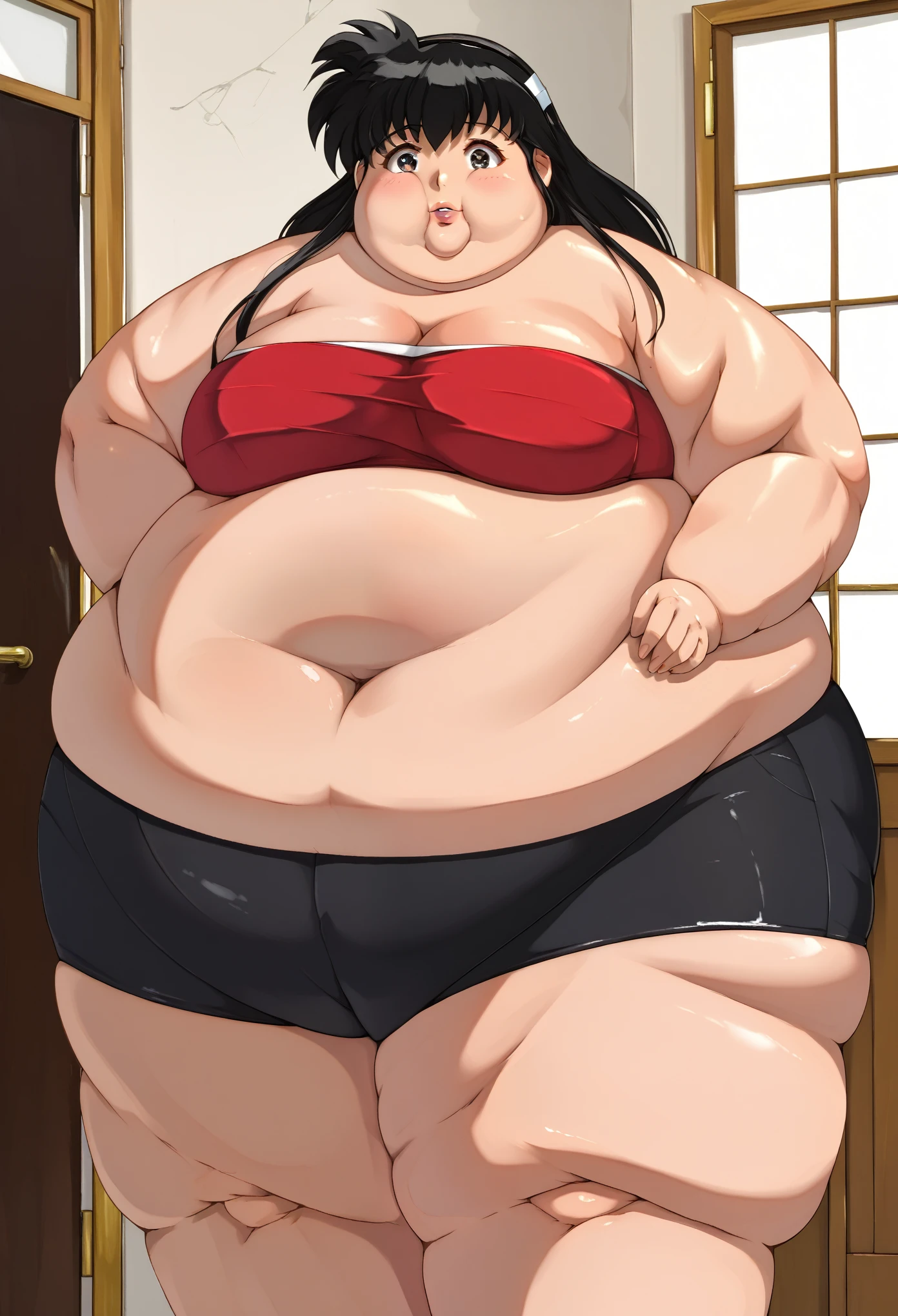 (1girl:1.3), Masterpiece, Best quality, amazing beauty, 4K, absurdres, finely detail, super detailed eye, perfect anatomy, official art, cinematic lighting, BREAK, room, (black hair:1.5), super shiny detailed black eye, (((tareme))), (Enchanted eyes), ((plump lips)), red round, (((Plump face))), (((round face))), Bashful, Face of a mature Japan woman, 40 years old, Mature Japan Woman:1.2, BREAK , big breasts:1.2, chubby, mature Japan woman, mature woman, motherhood,, cowboy shot, BREAK , (tube top, black bike shorts), BREAK,(), fat, chubby, obese, kagomehigurashi, kagome higurashi, long hair