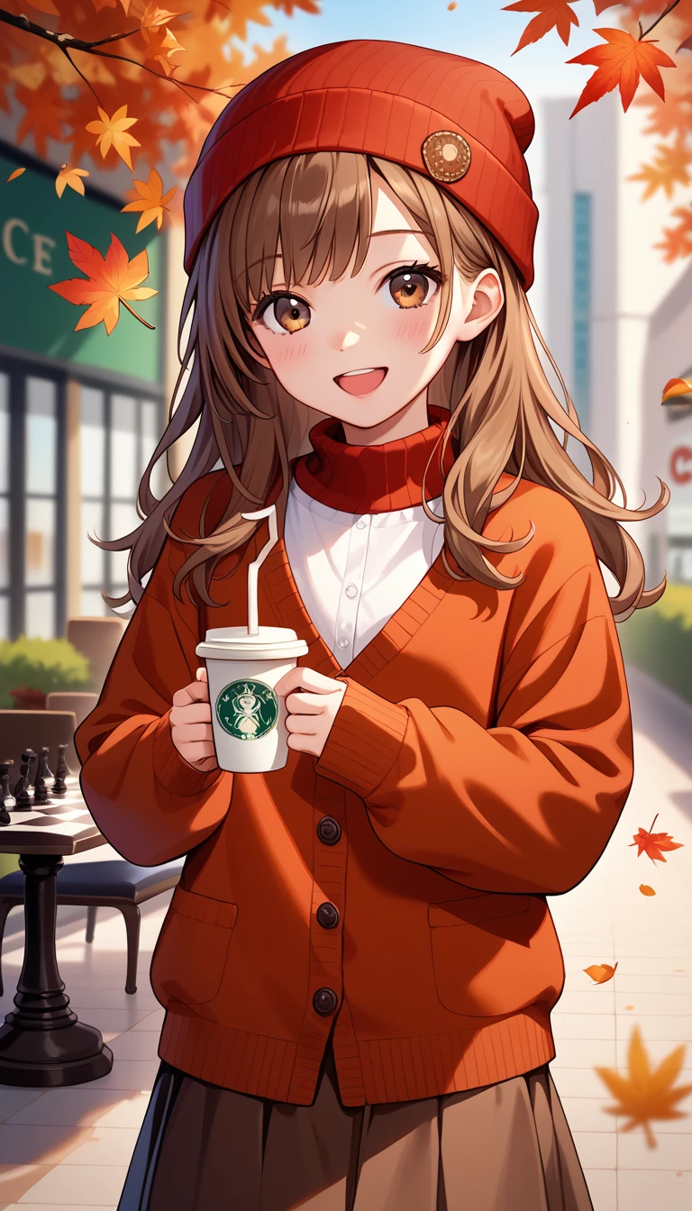 1 , Autumn Leaves, fringe, preto headwear,  blurred background, Blush, brown eyes, castanho jacket, brown echarpe, brown skirt, Cardigan, café, cowboy shot, cup, disposable cup, beverage, falling leaves, beanie, holding, holding beverage, leaf,  long hair , long sleeves,  Looking at the viewer, Cardigan aberto, open mouth, chess, chess skirt, puffy long sleeves,  red sweater, echarpe, shirt, shirt tucked in, sidelocks, skirt, smile, Alone, sweater, white shirt,  extremely detailed , intricate, masterpiece, absurdres