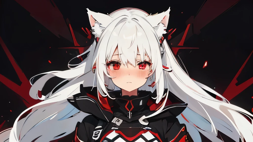 white hair red eyes Long Wolf Cut Canine ears black-and-white Moe Sleeve