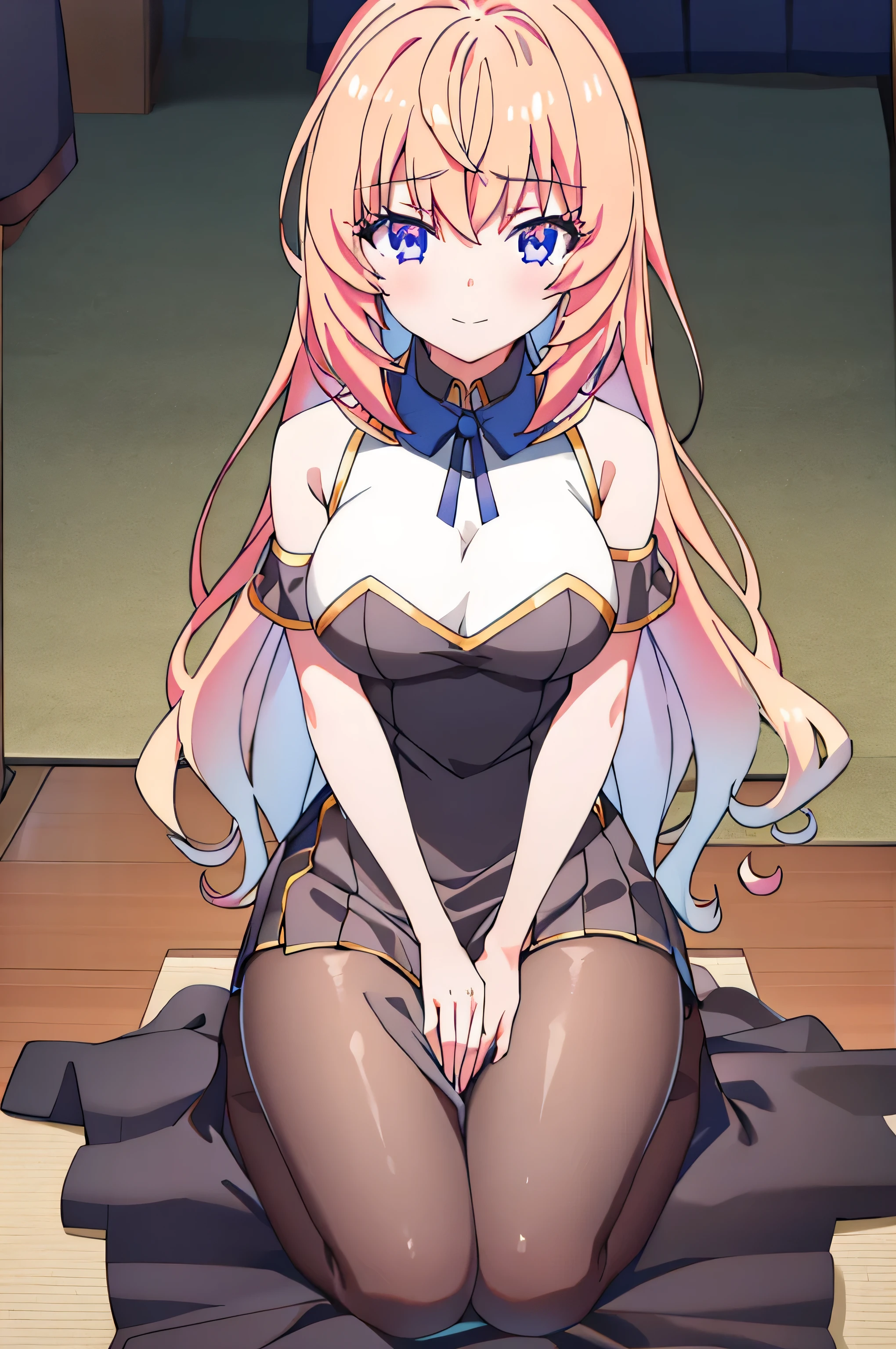  1 girl at home, Alone of, Chest, 长of_hair, 高抬Leg, Purple_Eye, garter_Shoulder strap, ,  Smile, Orange of_hair, hair_bow, Watch_exist_受众, bow, two_side_up, medium of_Chest, Sitting, red of_bow, hand_between_Leg,  clavicle , signature, Ahog, collar, between_Leg, off_Shoulder,  blush, labcoexist,  bangs, Blur of, The brown of_高抬Leg, Wavy_hair, skirt, only of_Shoulders, closure_Mouth, Blur of_background,   cross knit _clothing, red of_skirt, _username, black of_collar, black of_高抬Leg, Open_clothing, depth_of_Place, 