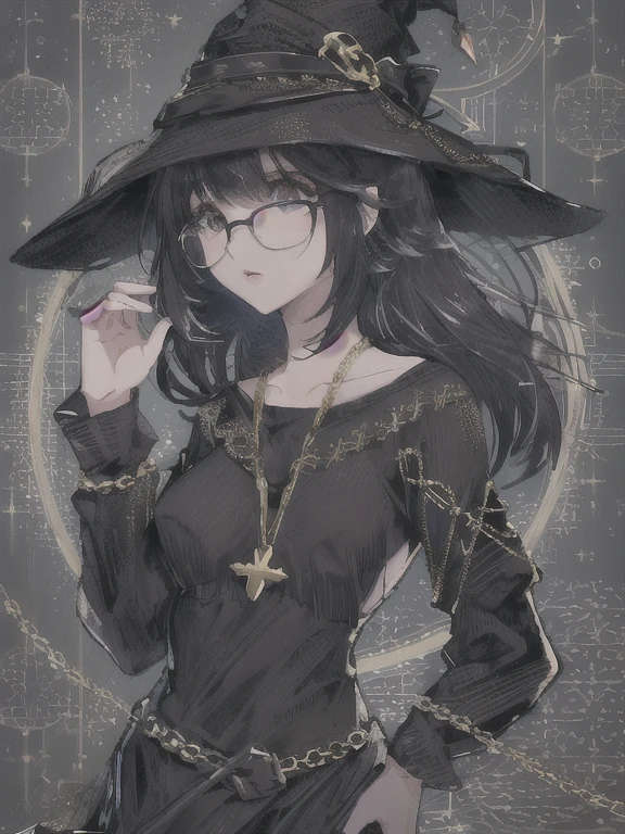 "A female character. She has short, layered black hair with soft bangs framing her face, her eyes are blue, she wears round glasses that give her a calm and intelligent appearance. She has a toned abdomen, toned legs. Her outfit includes a tight, long-sleeved black tunic that accentuates her figure, she wears a witch's hat, She wears a gold necklace with a prominent pentagram pendant, giving her an elegant and understated charm. Her expression is neutral, with a serene yet inquisitive look. Full body