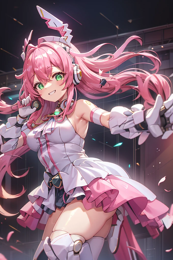  and smiles 、mecha wing、Thighs、tights、chest、 shiny pink hair 、 1 girl、 solo girl 、 headphones、idol dress、idol skirt、mecha girl、I have a white armor 、 pink miniskirt、 has a handgun,hand gun