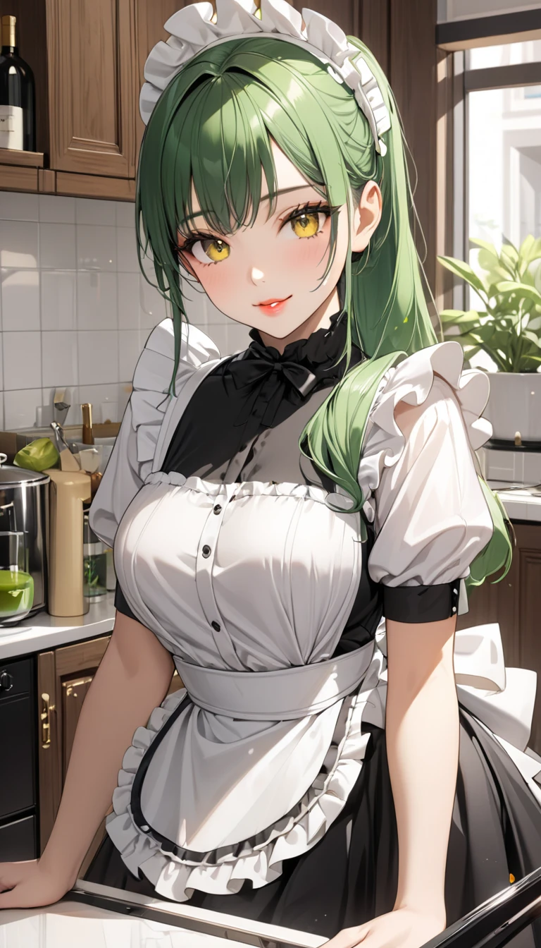 Mobius_(honkai impact 3d), bakery, holding a pastry brush, bakery utensils, cooking a cake, ornament hair, perfectly body, perfectly hands, wave hair, light green hair, long hair, maid, maid dress, maid headdress, maid apron, stand up close to the window, kitchen, kitchen scenery, gold lantern, black dress, more details on her clothes, black dress, golden details, night, smiling, coat, ((4k, masterpiece, top-quality)),8k, best quality, high resolution, HD, (illustration:0.8), super cute girl, delicate and beautiful face, 1girl, solo, mature girl, super cute hairstyle, (beautiful detailed eyes:1.6), extremely detailed face, perfect lighting, extremely detailed CG, (perfect hands, perfect anatomy), Best quality, cleavage, skirt, full Body,
