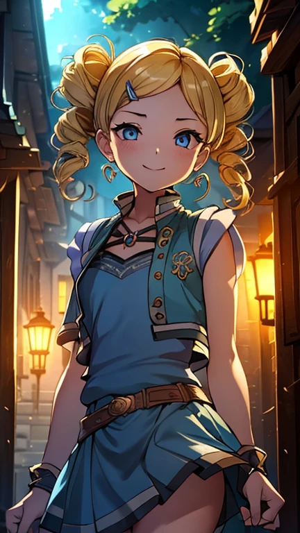 (1girl, ppgzbb), (extremely detailed CG unit 8k wallpaper),(master part), (best quality), (ultra detail), (best illustration),(granblue fantasy), cowboy shot, standing, facing viewer, looking at viewer, perfect face, perfect eyes, perfect fingers, (Sharp eyeliner, ombre, detailed eyes:1), (FanFo), perfect anatomy, professional light, cinematic lighting, fashion photography, ambient lighting, a narrow street with many elaborate houses, in the style of Tolkien, Middle Earth, Rivendell,, outdoor background, break , upper body, solo, smile, (blue eyes, blonde hair, twin drills, hairclip, earrings, vest, blue skirt, short skirt)
