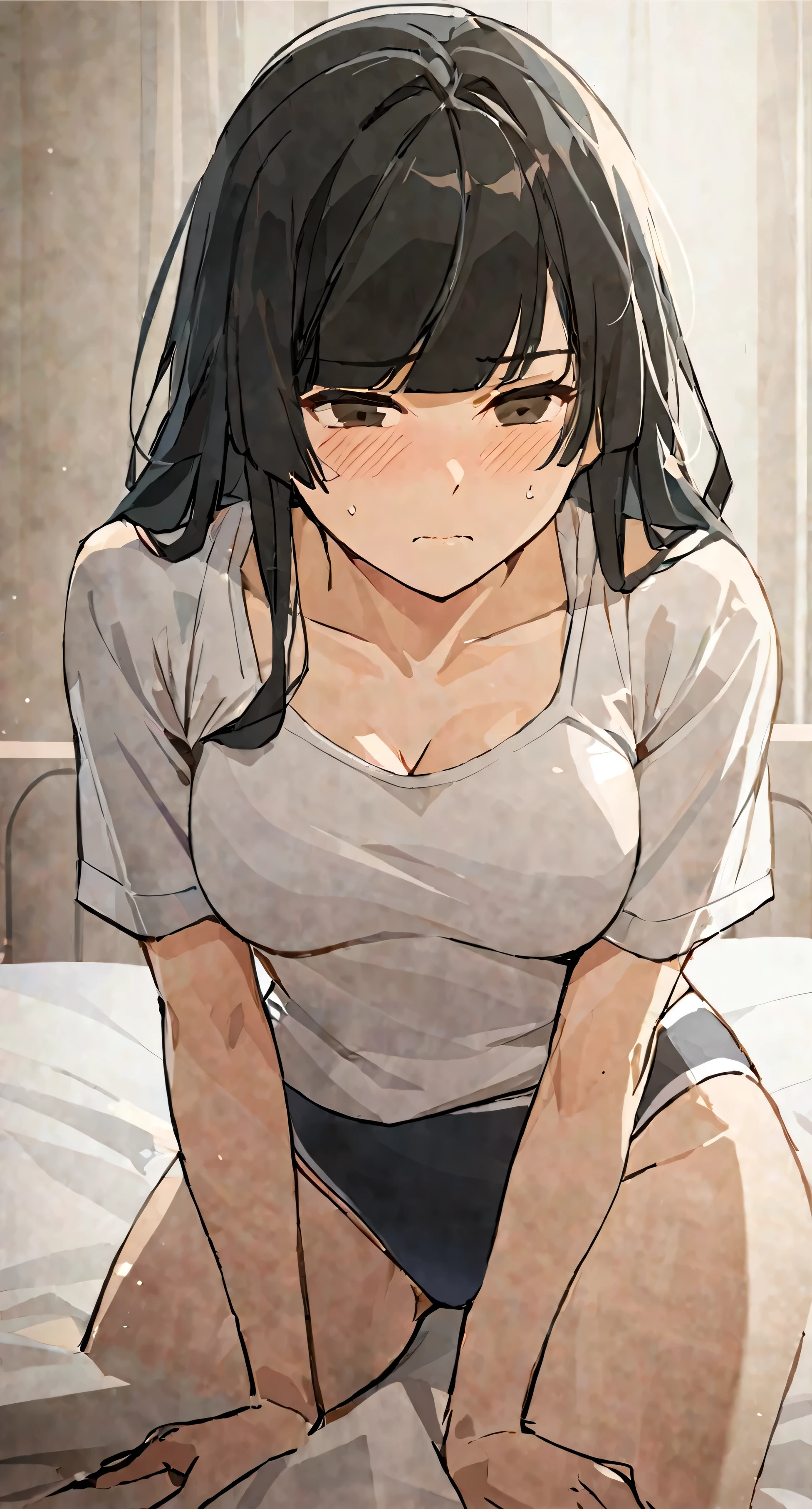 masterpiece,best quality, solo, eda, bangs, black hair, upper body,shy expression, medium breast, hot, thicc, swimsuit, she is shy, embarrassed , she is embarrassed, dynamic pose, close shot, upper body, dynamic pose, trying hard, serious face, chest focus, she is on the bed, she is lying on the bed next to you, she is grabbing her chest