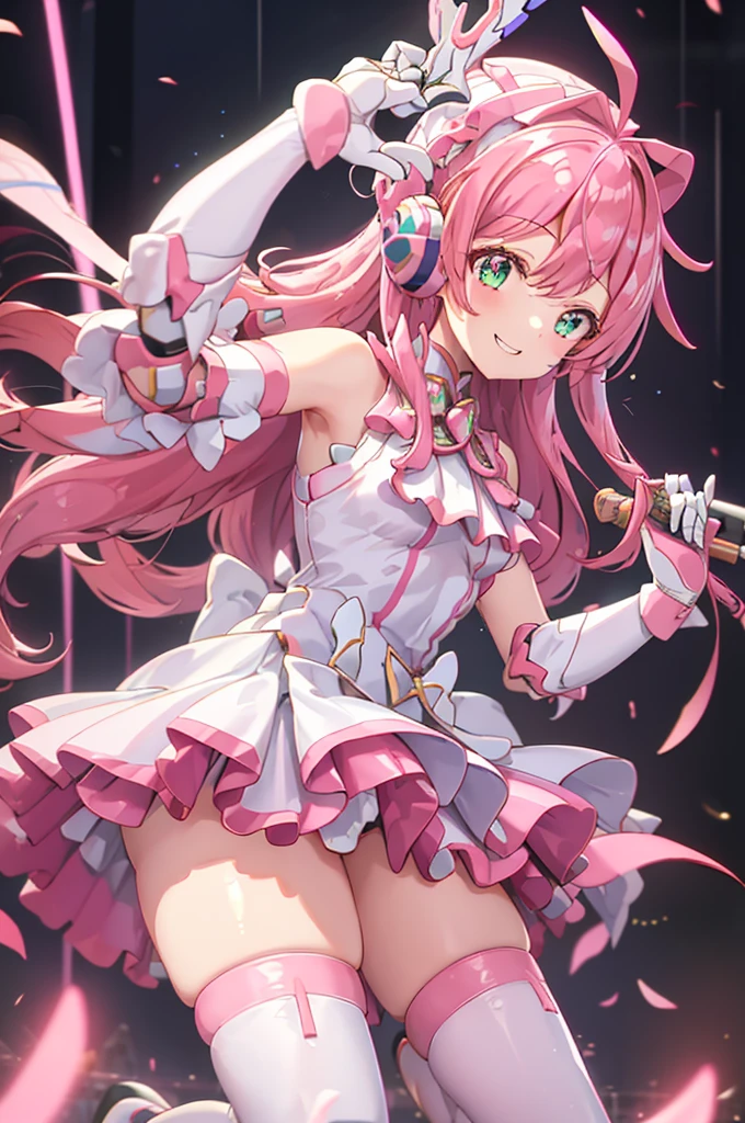  and smiles 、mecha wing、Thighs、tights、chest、 shiny pink hair 、  1 girl、 solo girl 、 headphones、idol dress、idol skirt、 pink skirt 、mecha girl、I have a white armor 、 I have a sword、sword