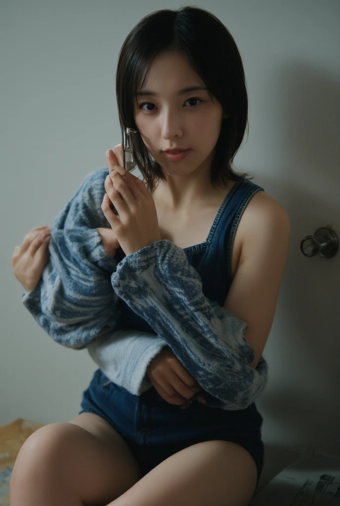 The girl is aiming the gun. Her face is very innocent and pretty Korean girl. She is naked. The photo contains her upper body.