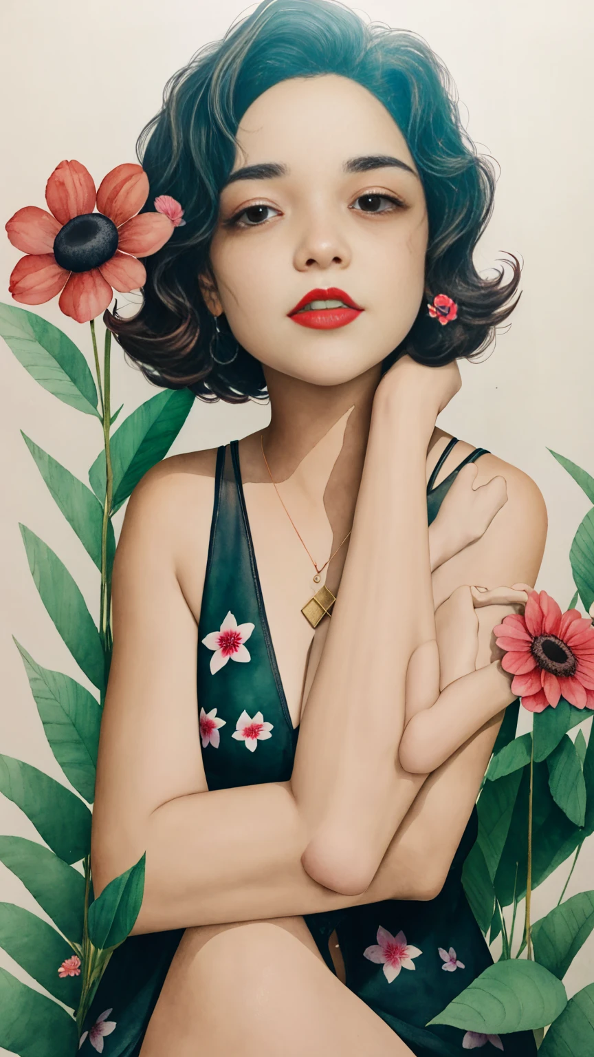 2D, nsfw, pastel color, watercolor, 
linear drawing, 
Ankymore, 1 , Alone,  short hair,  plain background,  black hair , dress, jewelry,  upper body, flower, toys,  black eyes, black dress, makeup, floweral print, lipstick, red flower, brown background,  red lips , print dress, beige background,SimpleNegativeV3SimpleNegativeV3, TV_Mary_Fox_PS_v1
 